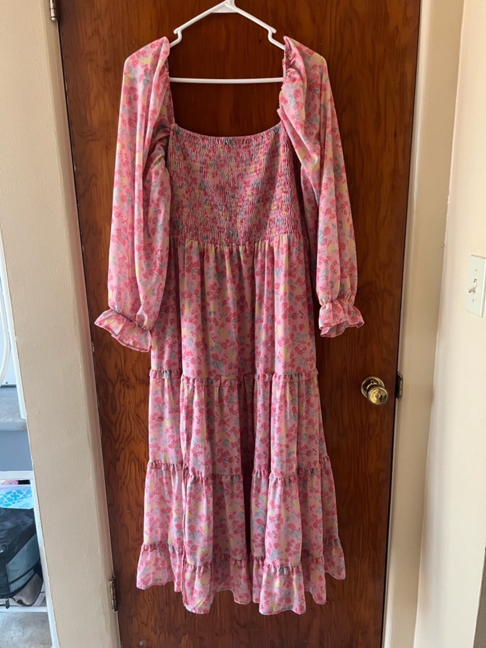 Smocked Pink Floral Maxi Dress with slit on one side and a built in slip.